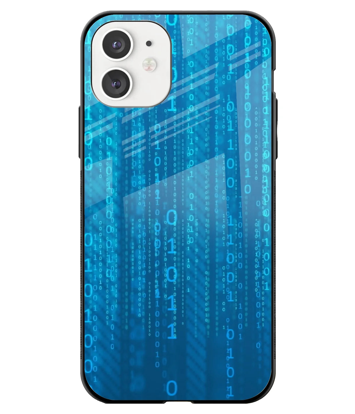 A front-on view of a glass phone case with a colorful design.