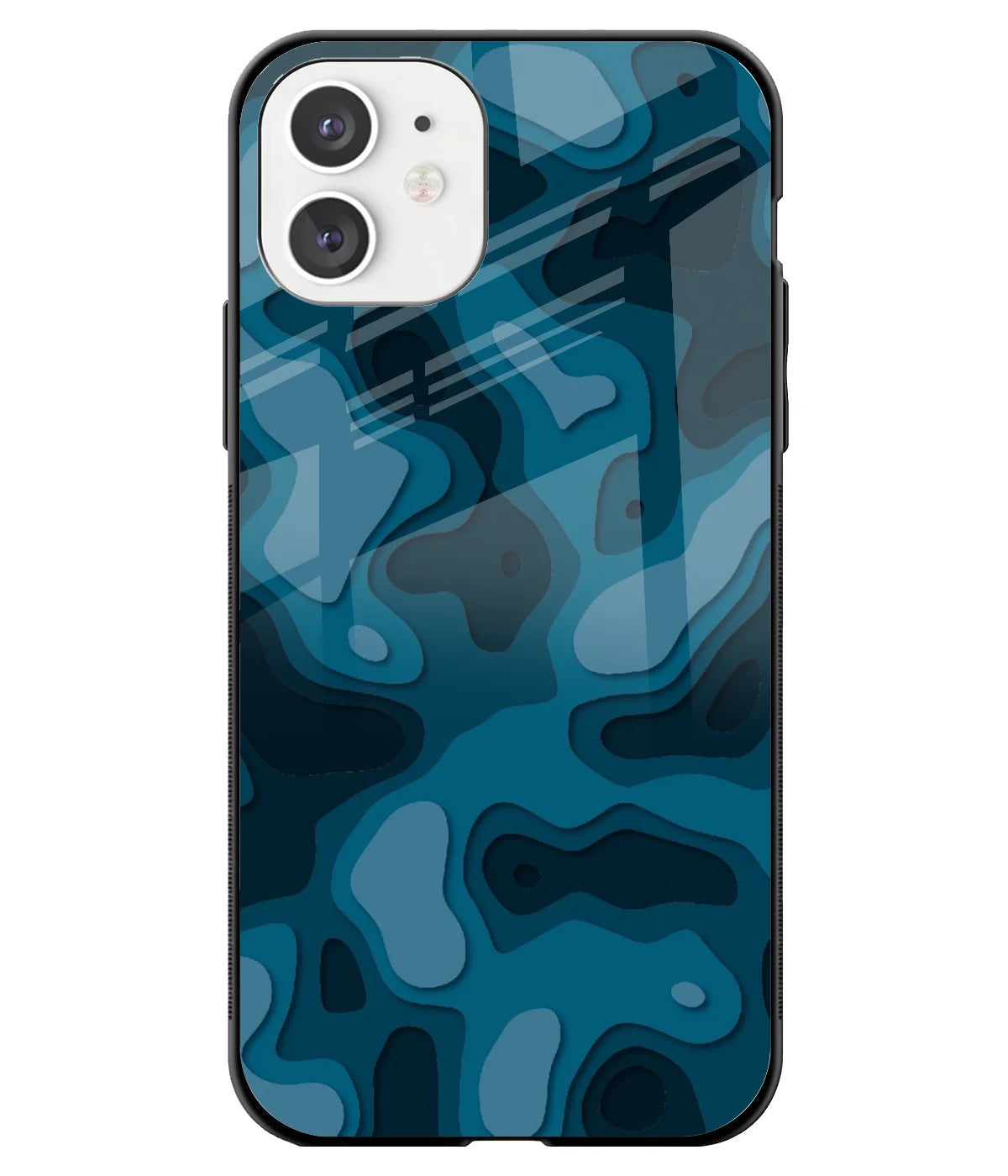 A front-on view of a glass phone case with a colorful design.