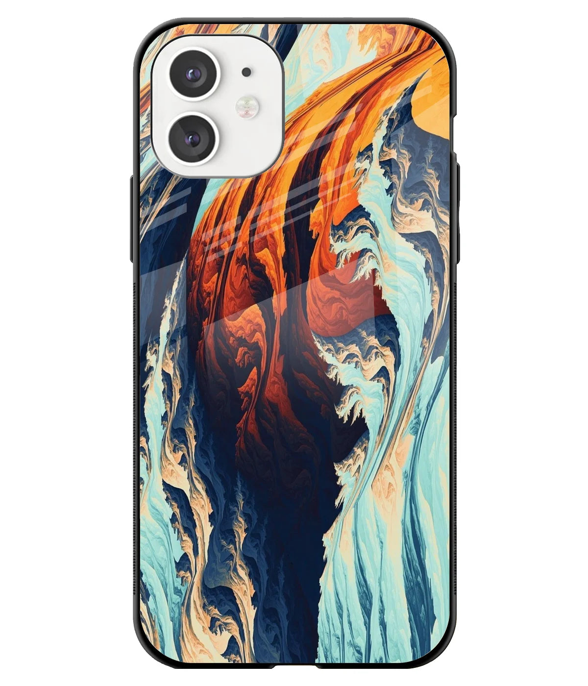 A front-on view of a glass phone case with a colorful design.