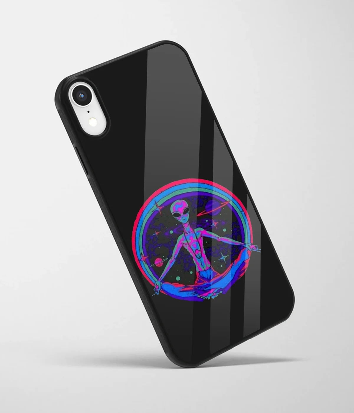 An angled view of a glass phone case featuring a vibrant design.
