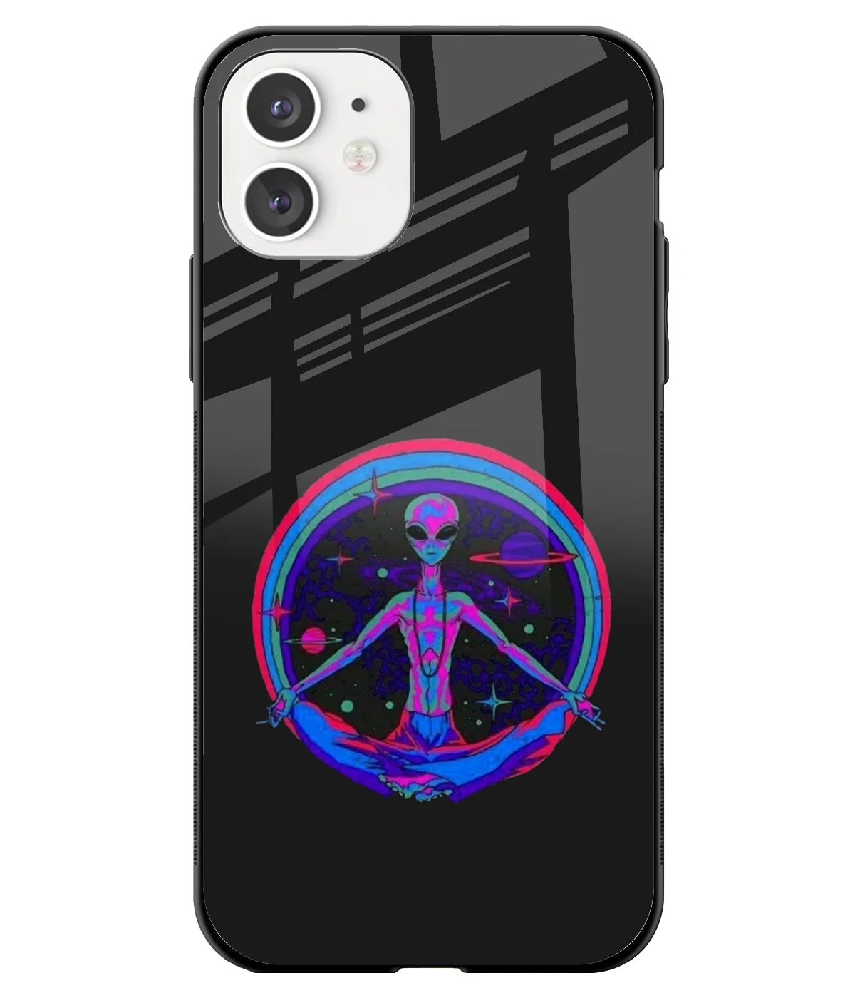 A front-on view of a glass phone case with a colorful design.