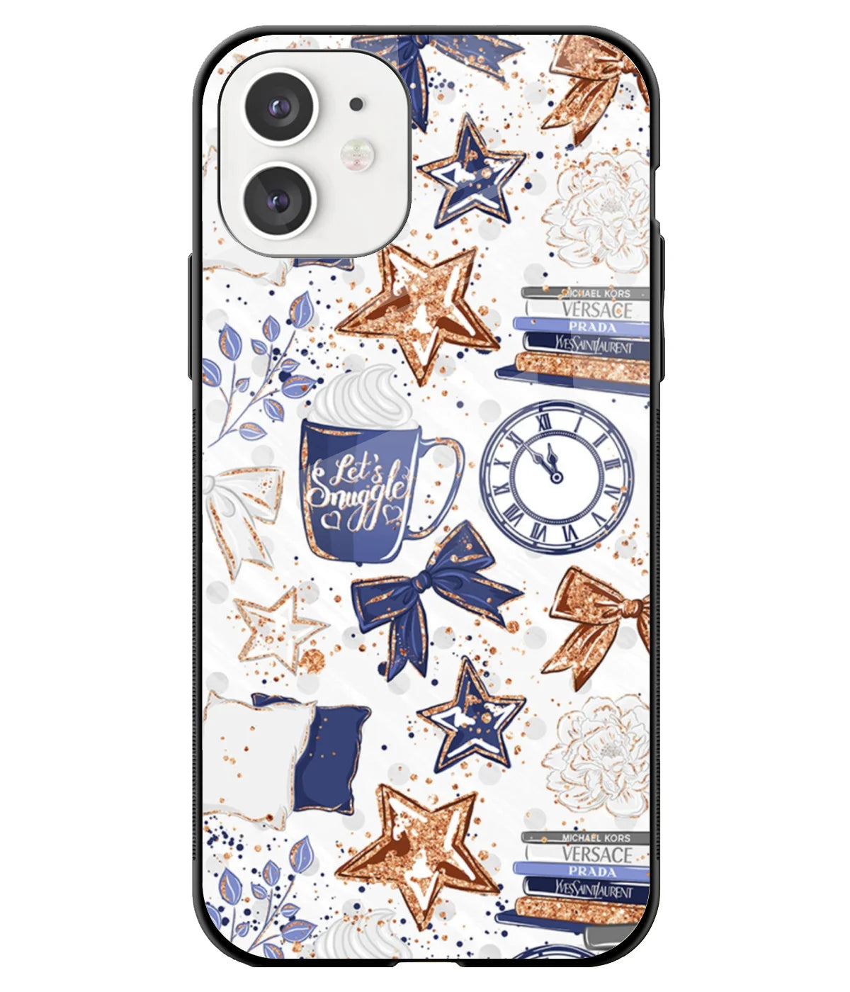 A front-on view of a glass phone case with a colorful design.
