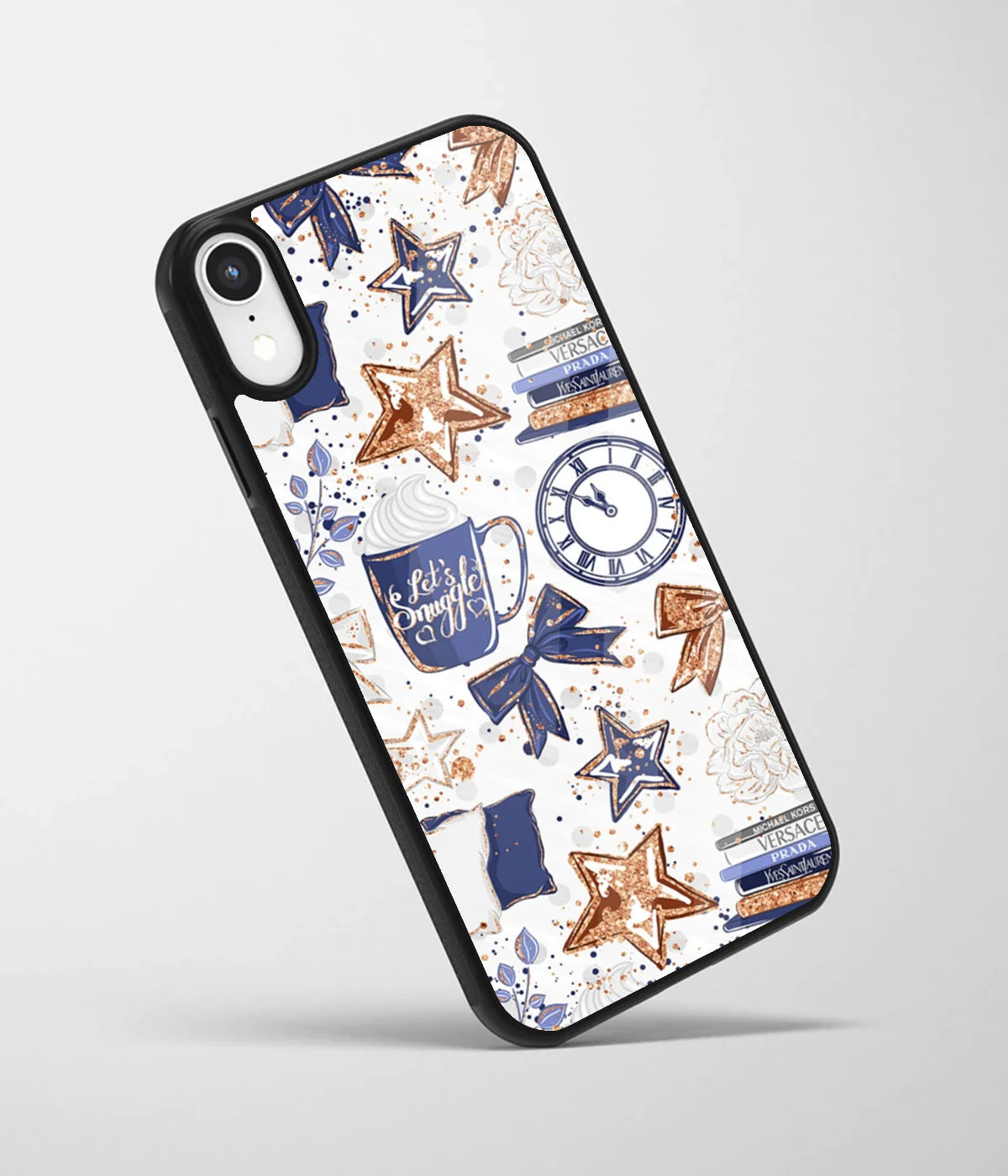 An angled view of a glass phone case featuring a vibrant design.