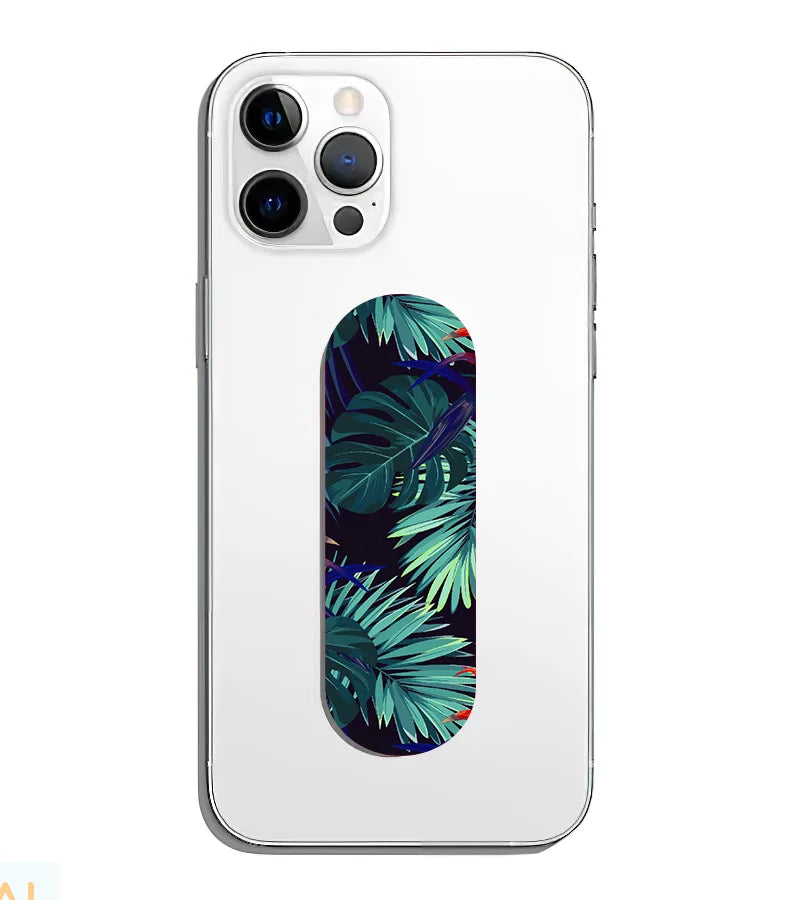 A phone grip slider applied to the back of a smartphone.