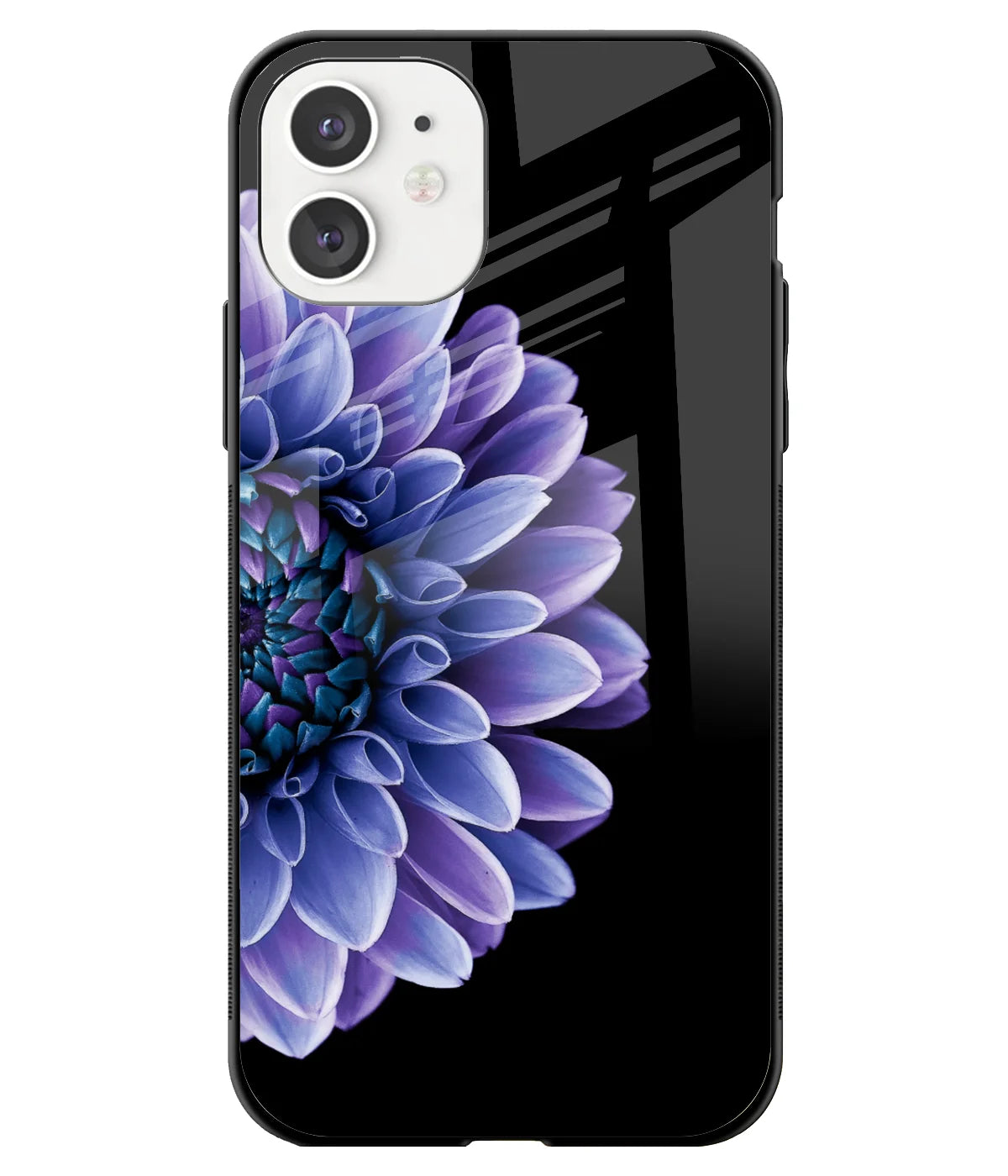 A front-on view of a glass phone case with a colorful design.