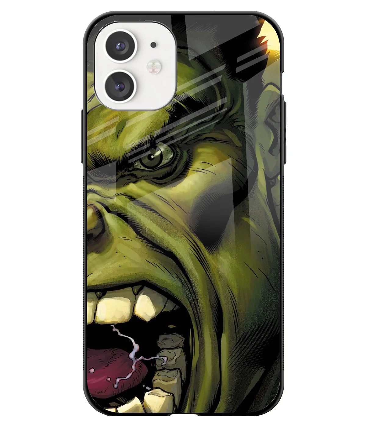 A front-on view of a glass phone case with a colorful design.