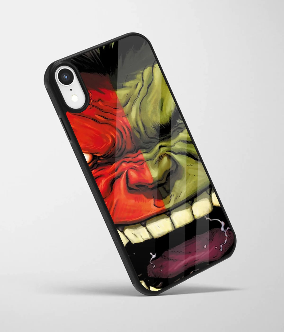 An angled view of a glass phone case featuring a vibrant design.
