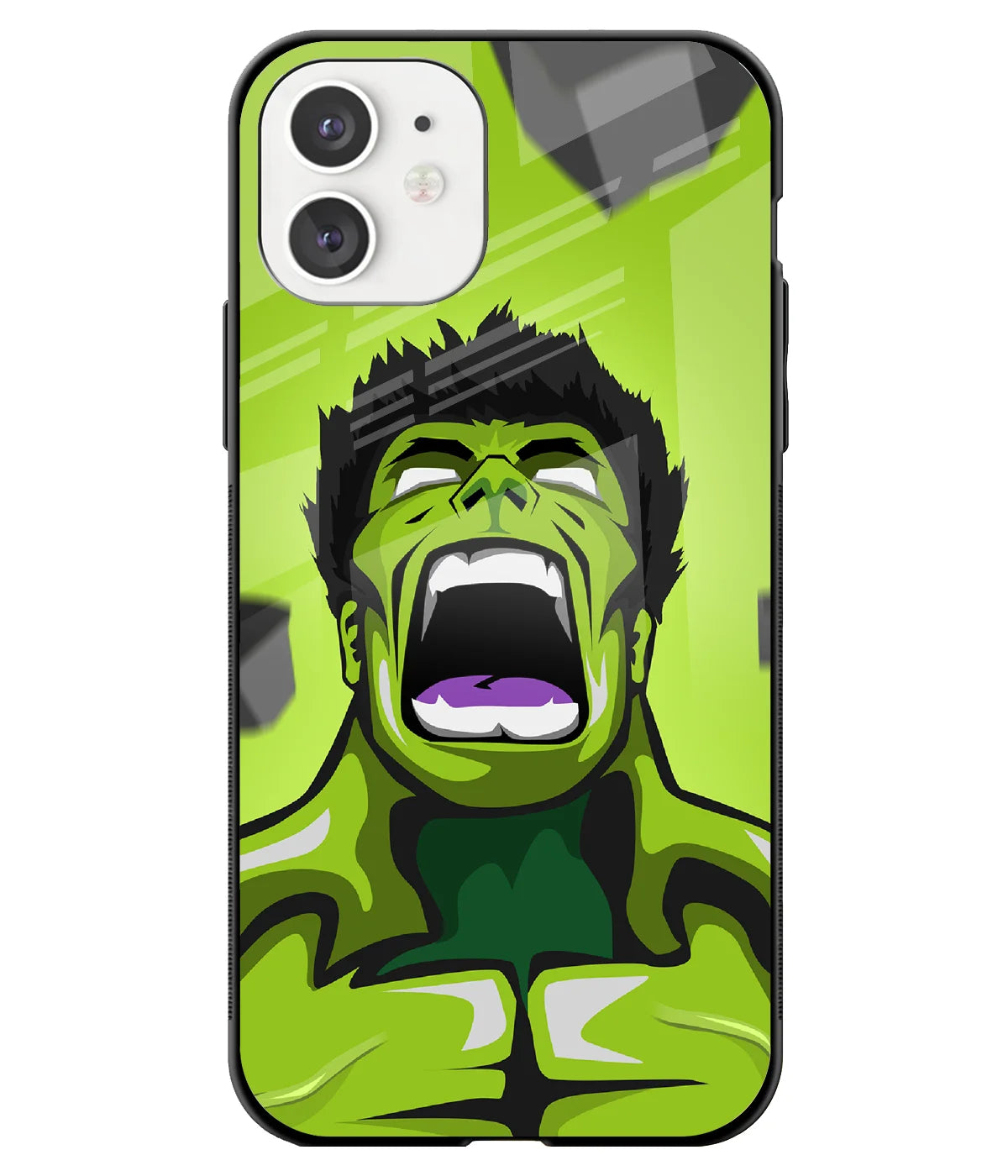 A front-on view of a glass phone case with a colorful design.