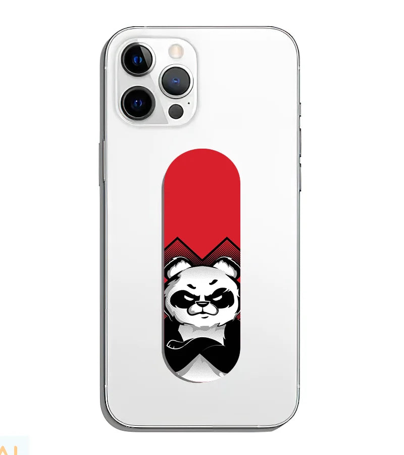 A phone grip slider applied to the back of a smartphone.