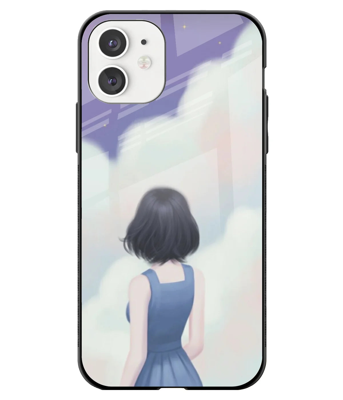 A front-on view of a glass phone case with a colorful design.