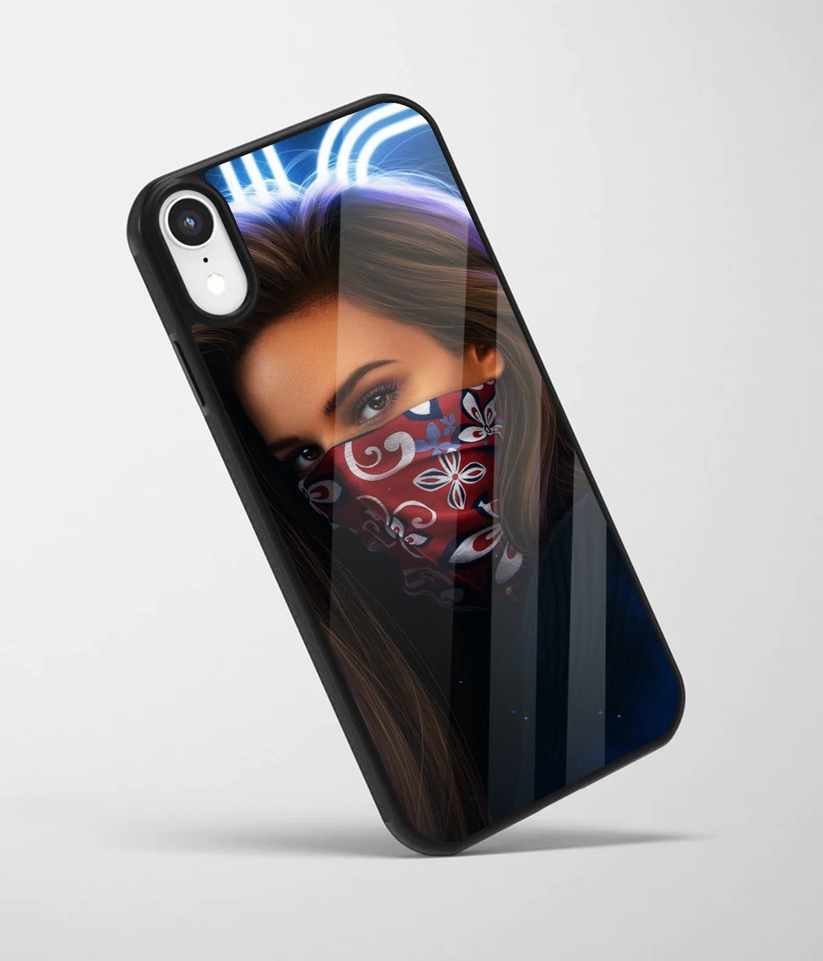 An angled view of a glass phone case featuring a vibrant design.