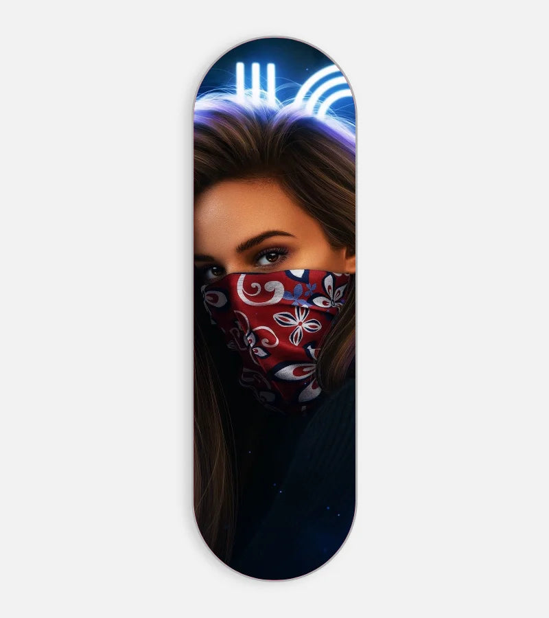 Mobile phone grip slider with a colorful design on a white background