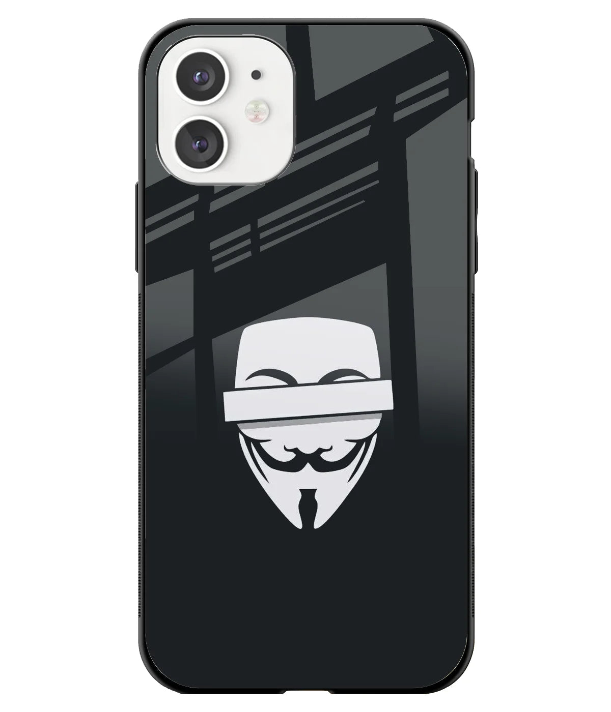 A front-on view of a glass phone case with a colorful design.