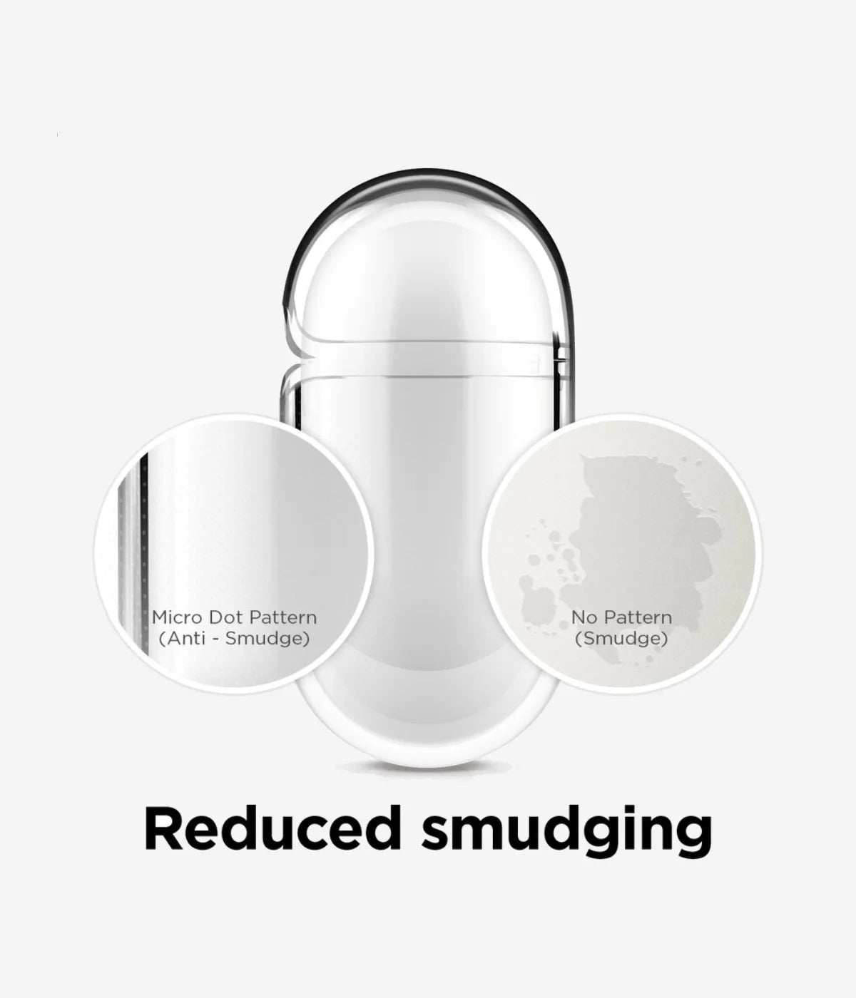 A close-up view detailing the micro-dot pattern inside the clear Airpods case.