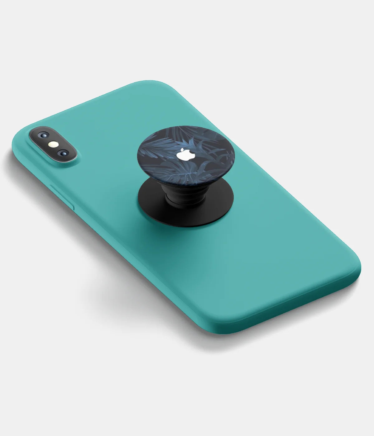 A top-down view of a phone grip holder attached to a mobile phone case on a white background