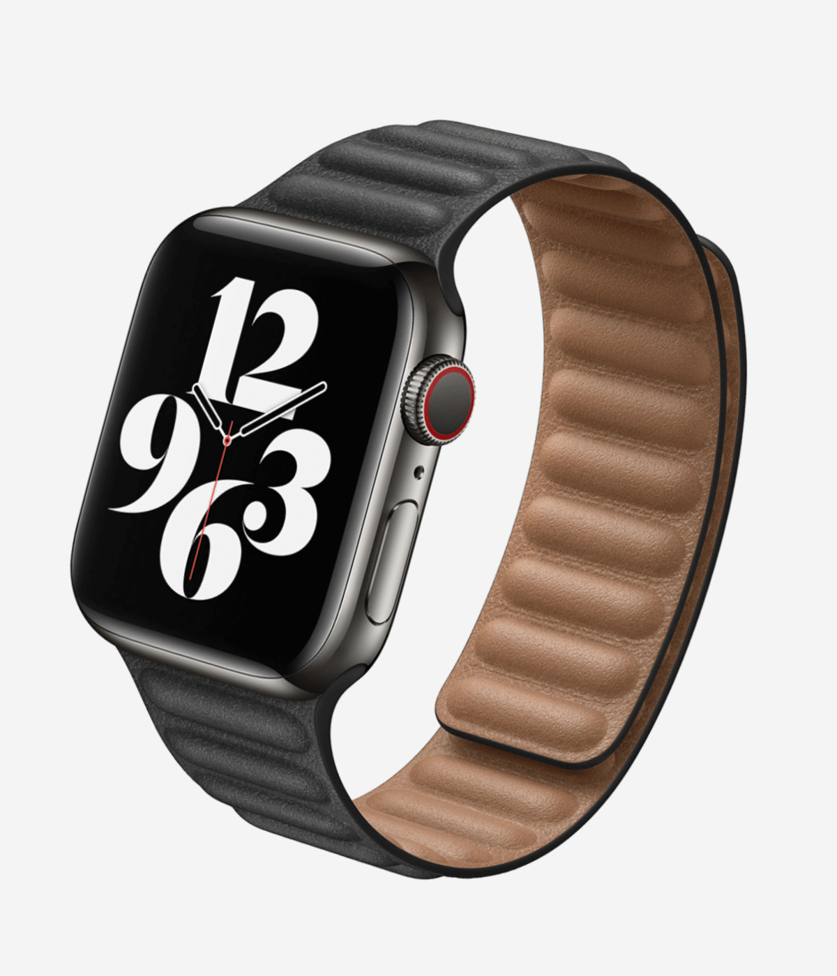 Product shot of the magnetic leather Apple Watch band highlighting the premium ribbed leather texture and the secure magnetic link closure system.