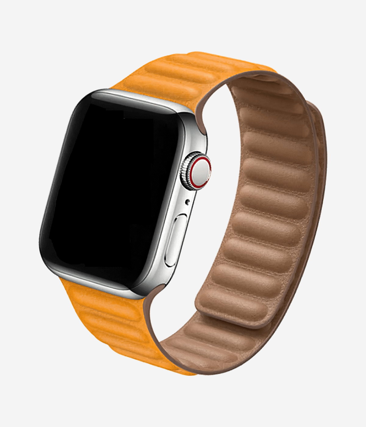 Product shot of the magnetic leather Apple Watch band highlighting the premium ribbed leather texture and the secure magnetic link closure system.