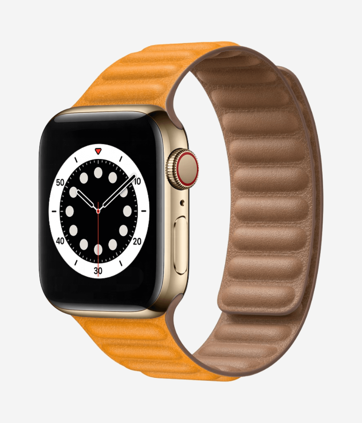 Product shot of the magnetic leather Apple Watch band highlighting the premium ribbed leather texture and the secure, buckle-free magnetic closure system.