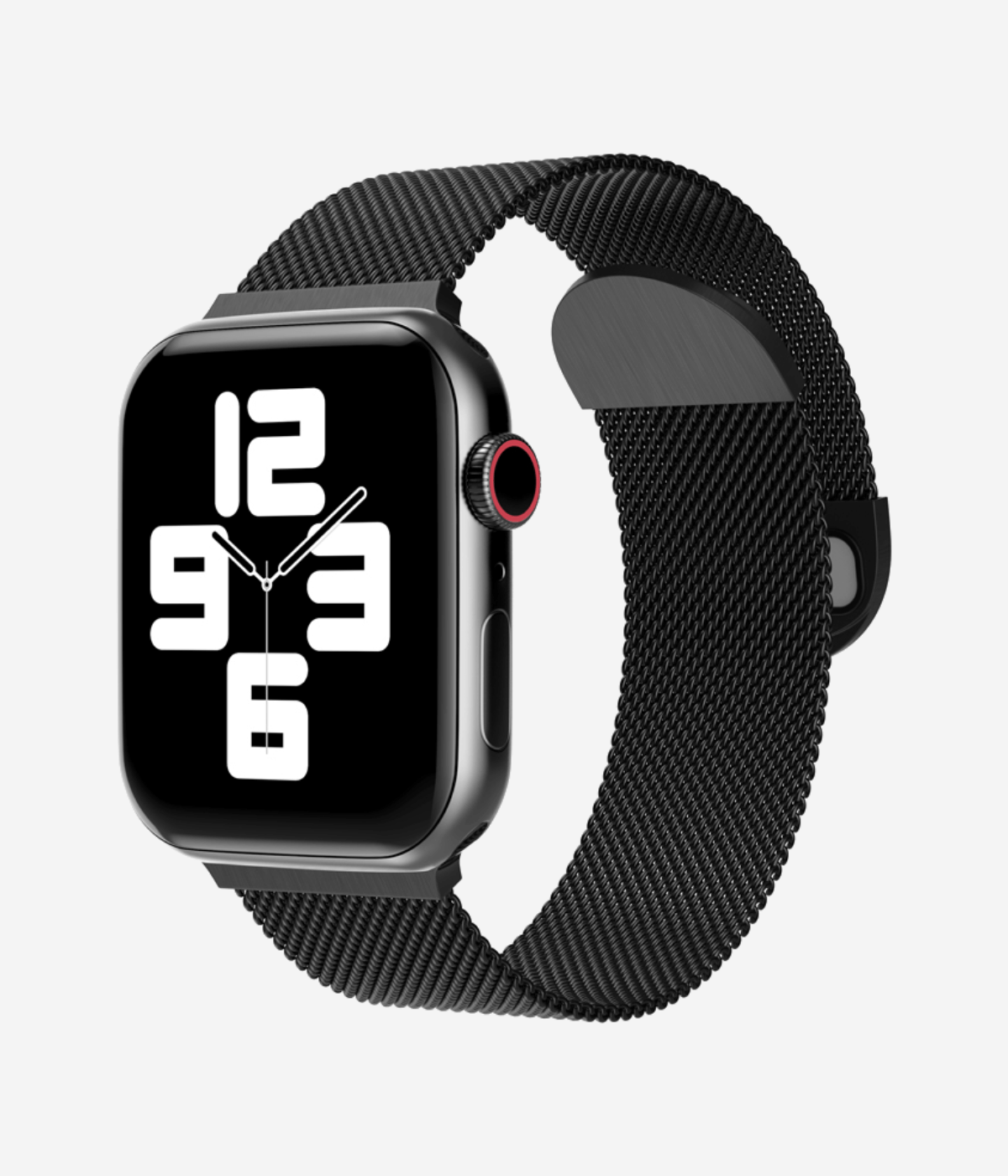 Front view of an Apple Watch Milanese Loop band, highlighting the woven stainless steel mesh texture, secure magnetic closure clasp.