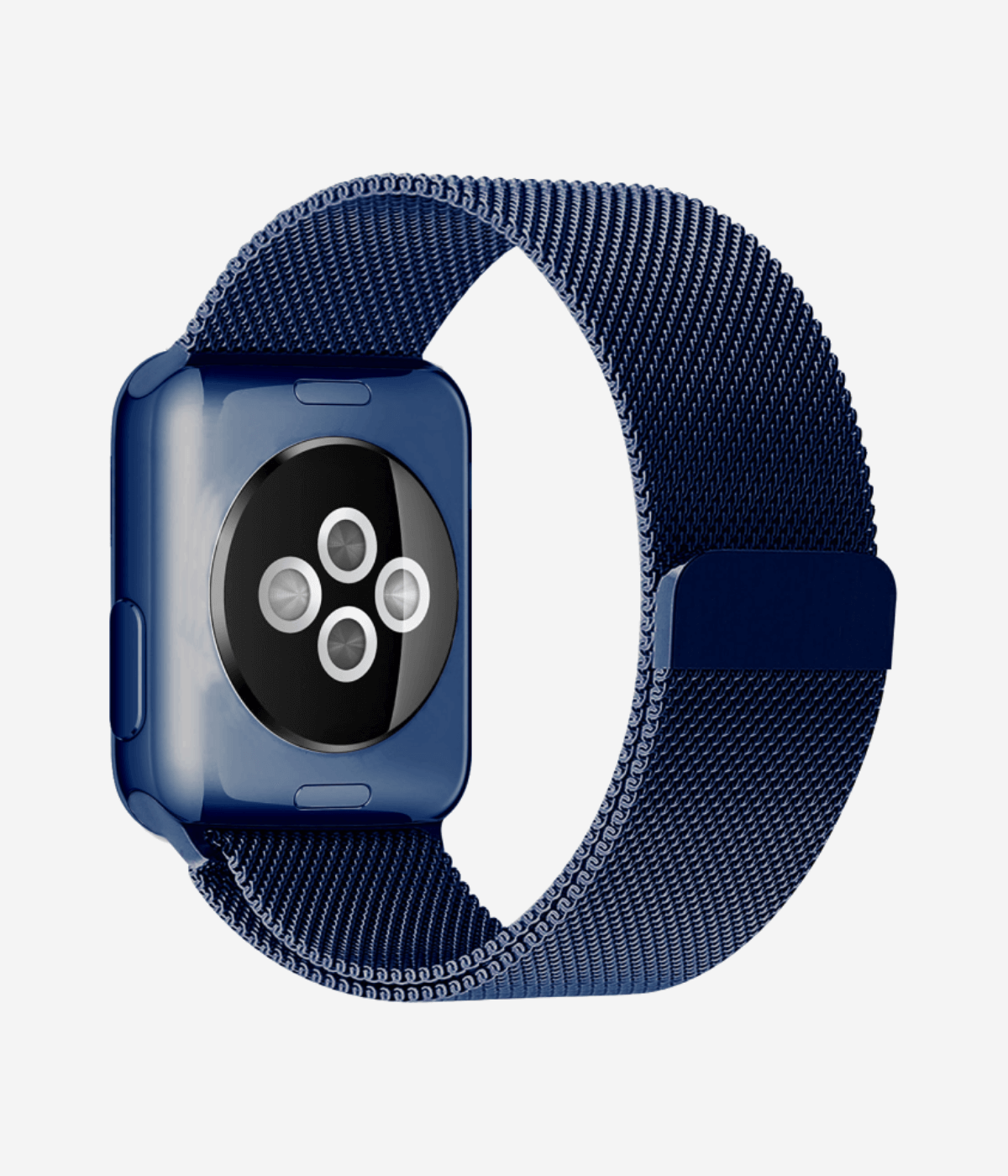 Rear view of an Apple Watch Milanese Loop band, highlighting the woven stainless steel mesh texture, secure magnetic closure clasp.