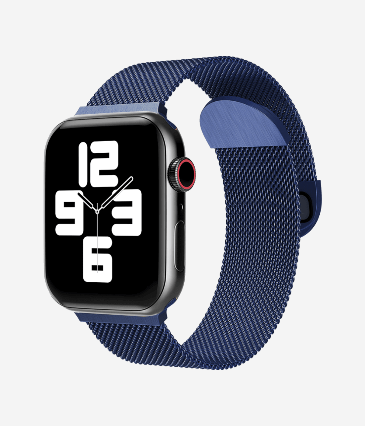 Front view of an Apple Watch Milanese Loop band, highlighting the woven stainless steel mesh texture, secure magnetic closure clasp.