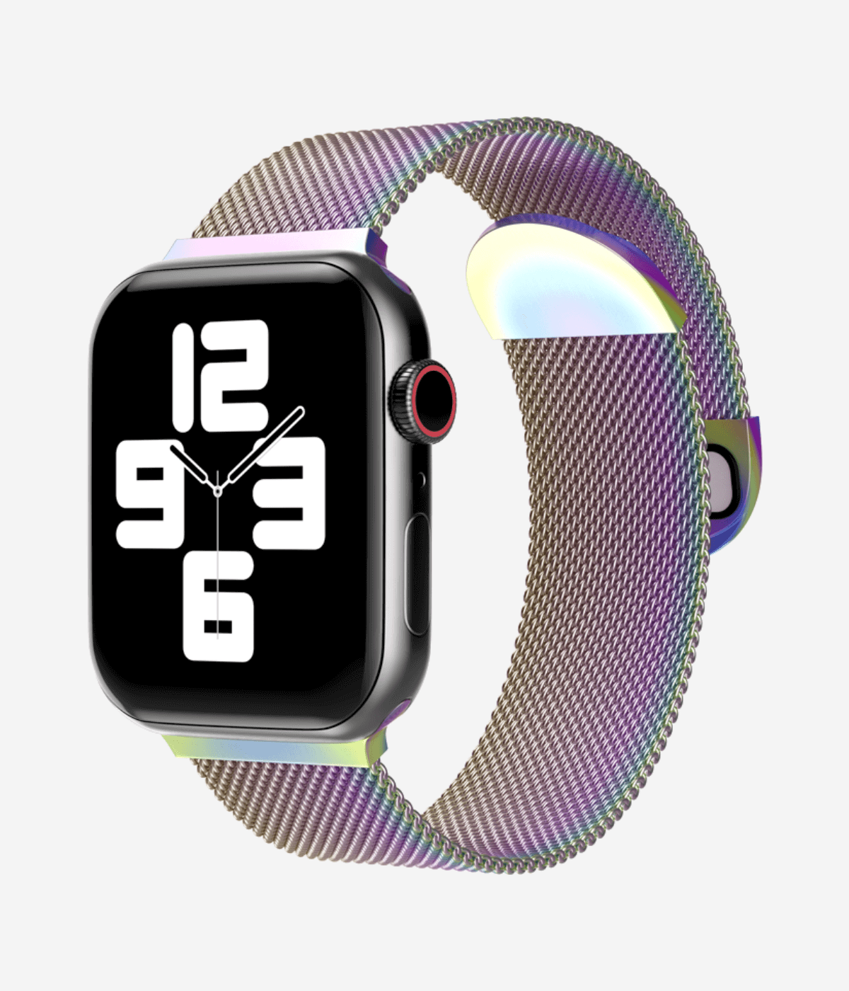 Front view of an Apple Watch Milanese Loop band, highlighting the woven stainless steel mesh texture, secure magnetic closure clasp.