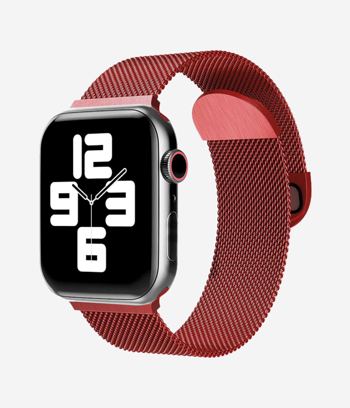 Front view of an Apple Watch Milanese Loop band, highlighting the woven stainless steel mesh texture, secure magnetic closure clasp.