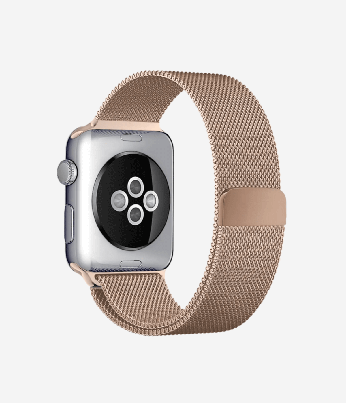 Rear view of an Apple Watch Milanese Loop band, highlighting the woven stainless steel mesh texture, secure magnetic closure clasp.