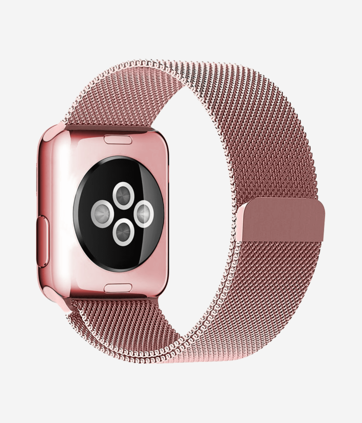Rear view of an Apple Watch Milanese Loop band, highlighting the woven stainless steel mesh texture, secure magnetic closure clasp.