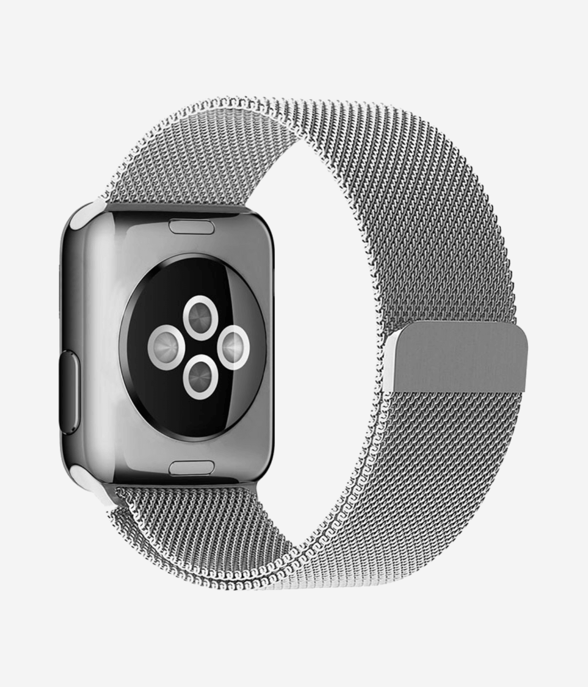 Rear view of an Apple Watch Milanese Loop band, highlighting the woven stainless steel mesh texture, secure magnetic closure clasp.