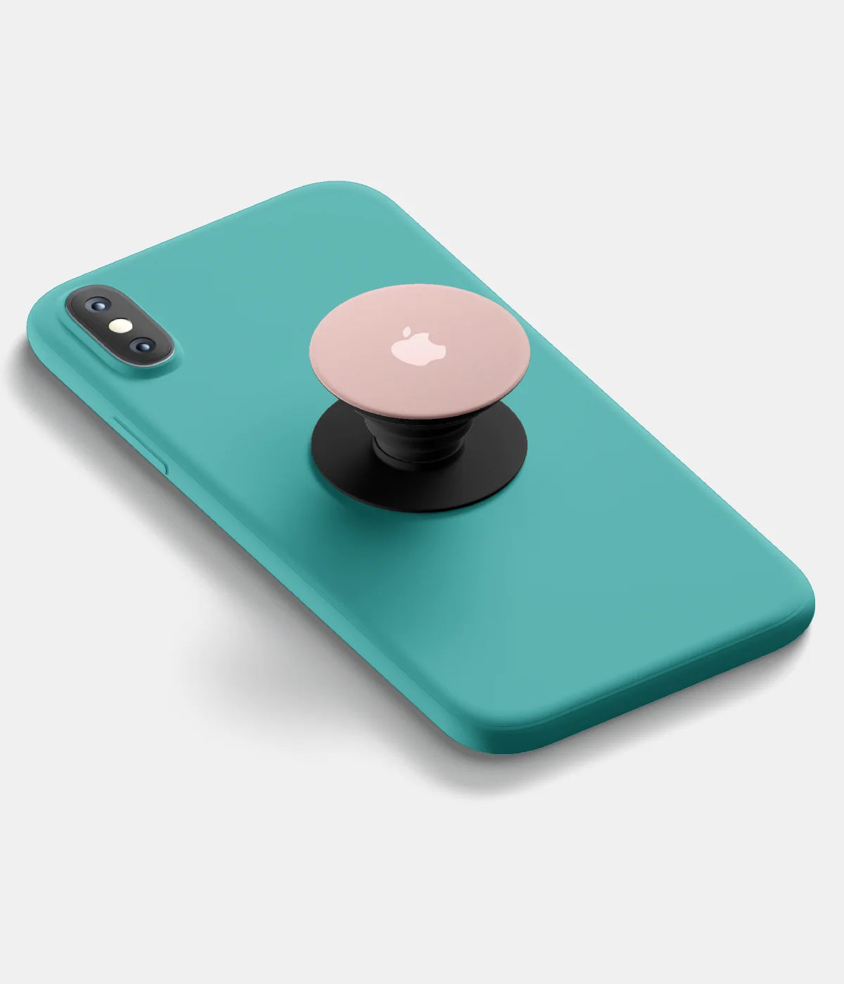 A top-down view of a phone grip holder attached to a mobile phone case on a white background