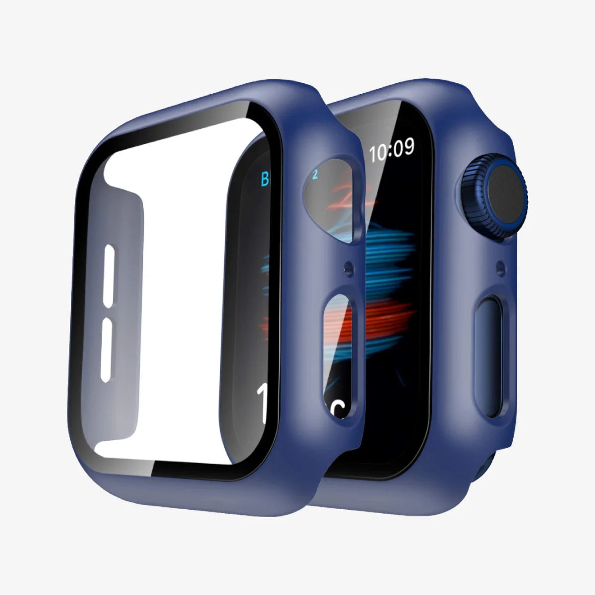 Apple watch with a blue protective case on a white background