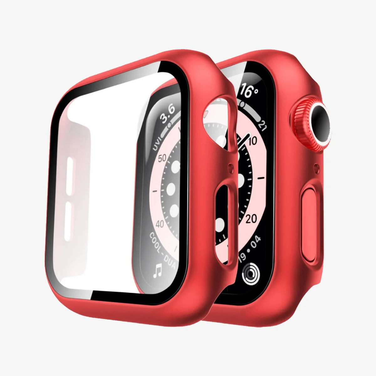 Apple watch with a red protective case on a white background