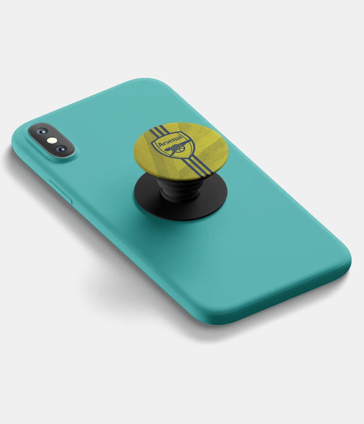 A top-down view of a phone grip holder attached to a mobile phone case on a white background