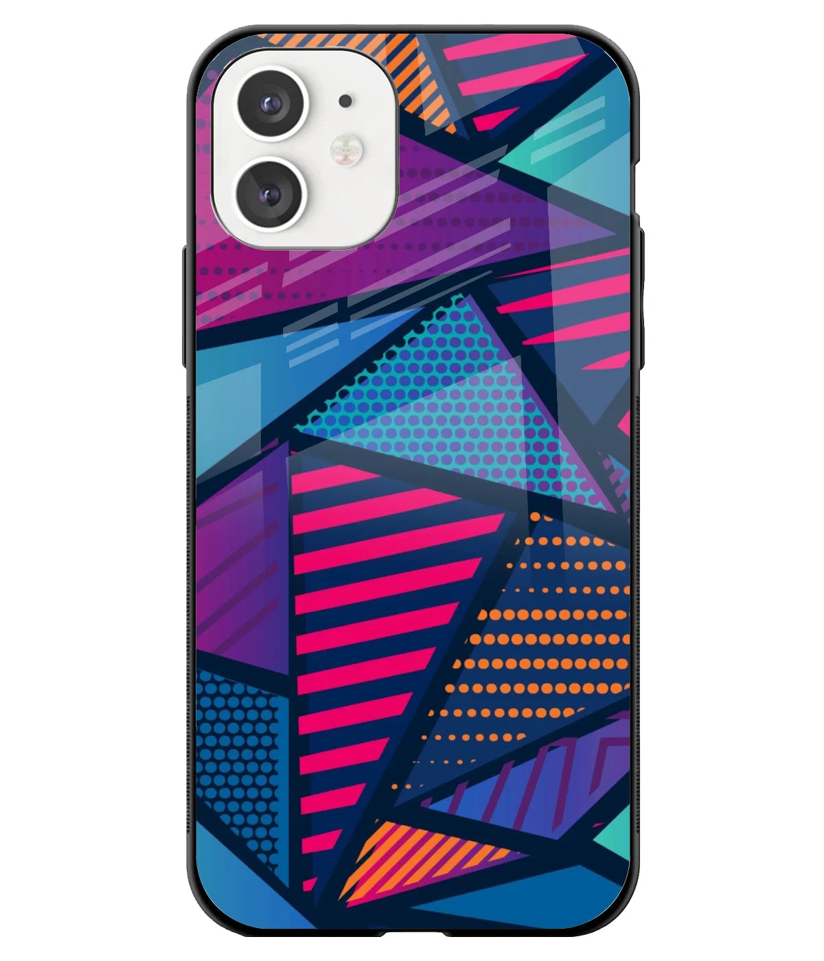 A front-on view of a glass phone case with a colorful design.
