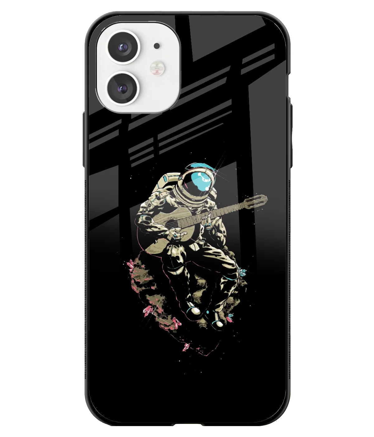 A front-on view of a glass phone case with a colorful design.
