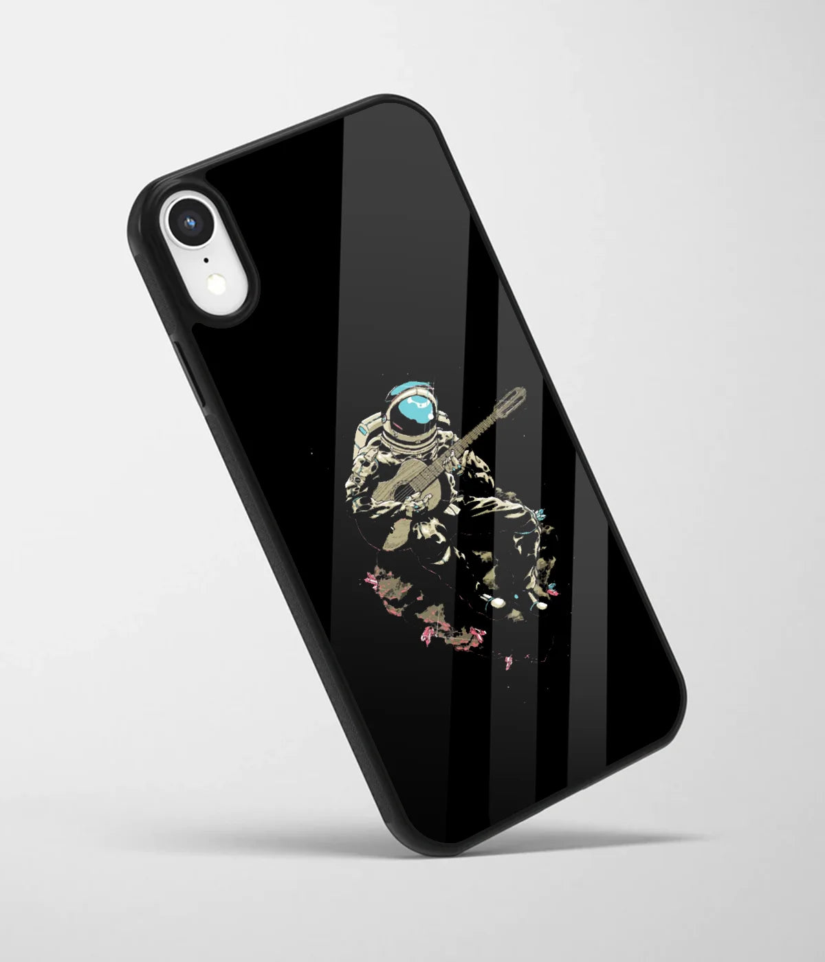 An angled view of a glass phone case featuring a vibrant design.