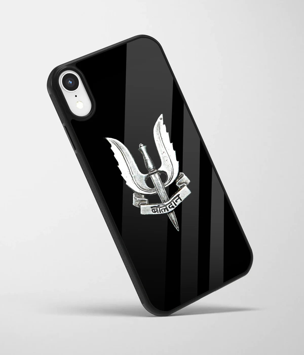 An angled view of a glass phone case featuring a vibrant design.