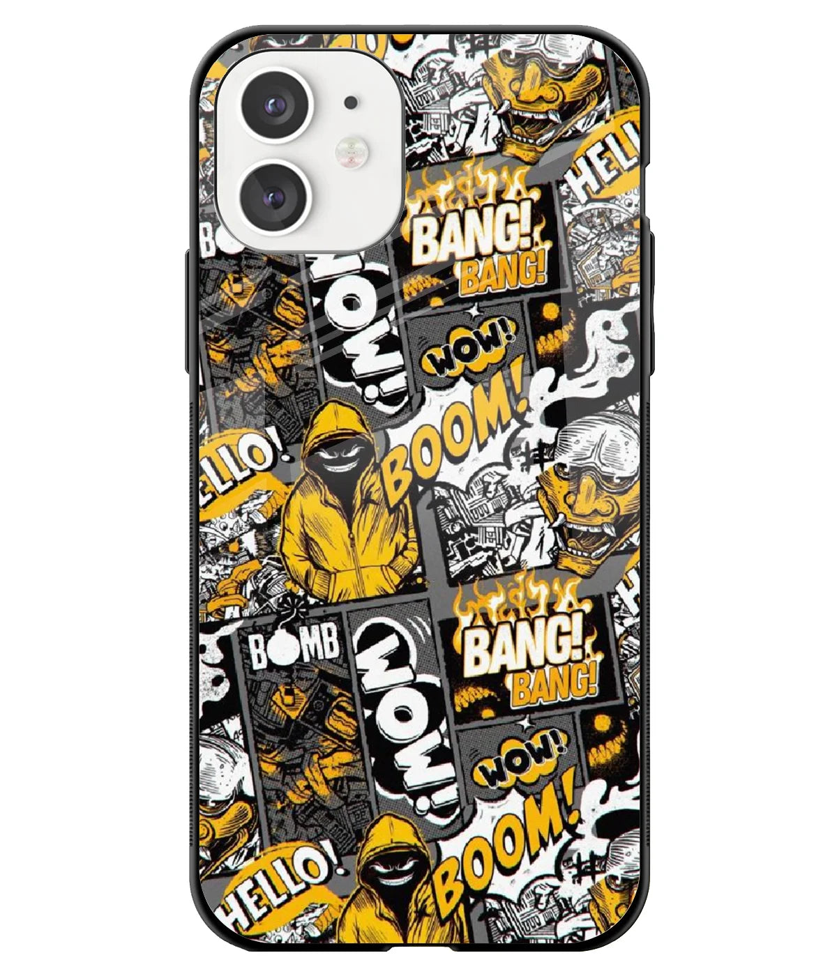 A front-on view of a glass phone case with a colorful design.