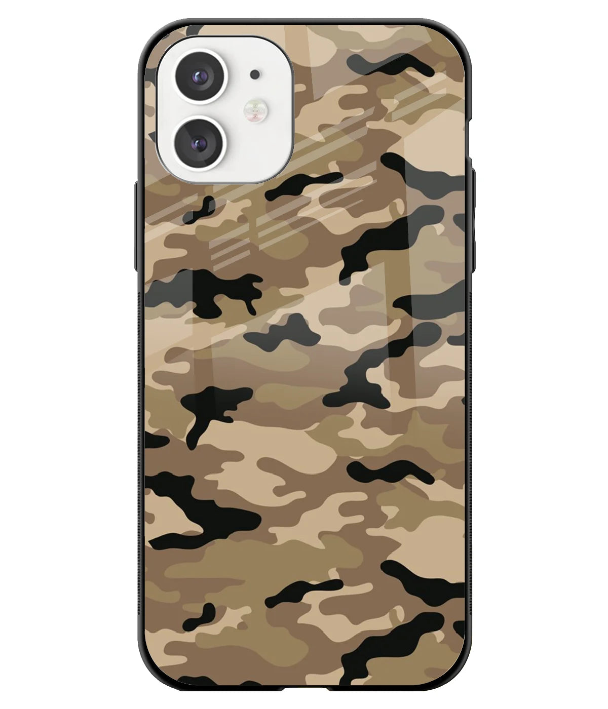 A front-on view of a glass phone case with a colorful design.