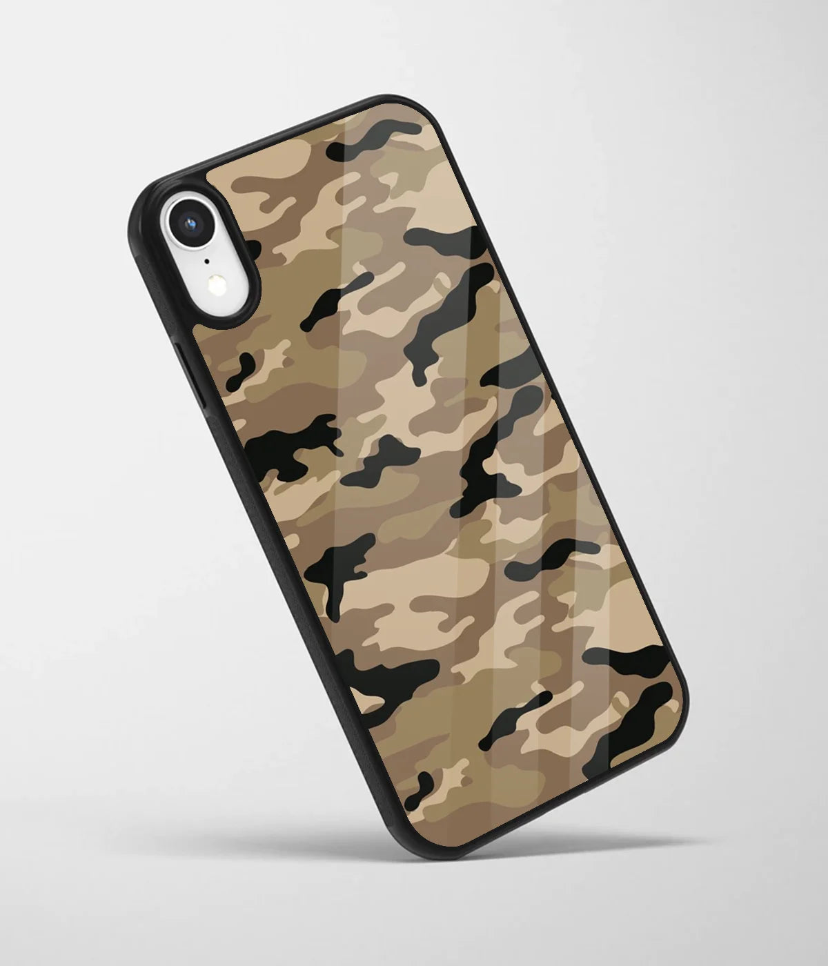 An angled view of a glass phone case featuring a vibrant design.