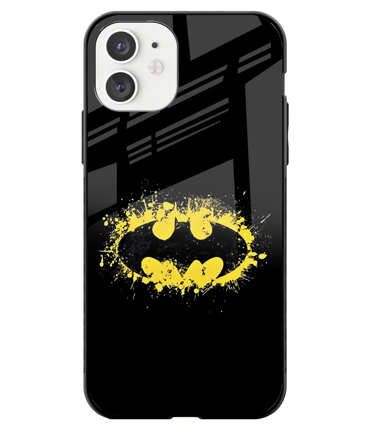 A front-on view of a glass phone case with a colorful design.