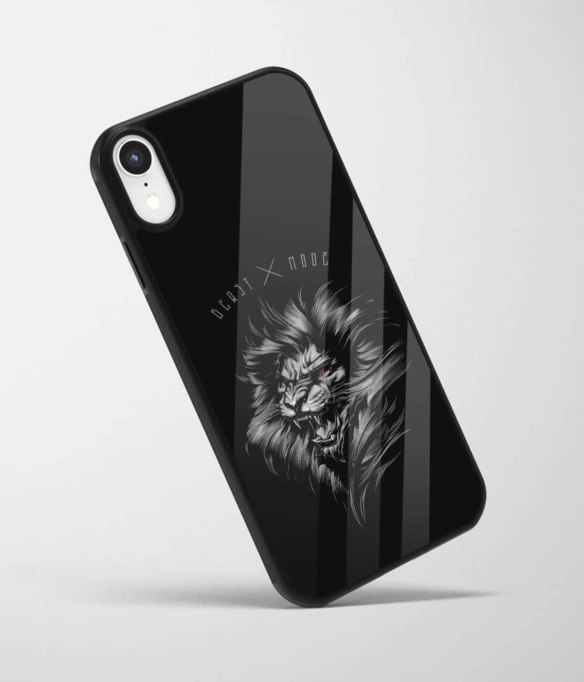 An angled view of a glass phone case featuring a vibrant design.