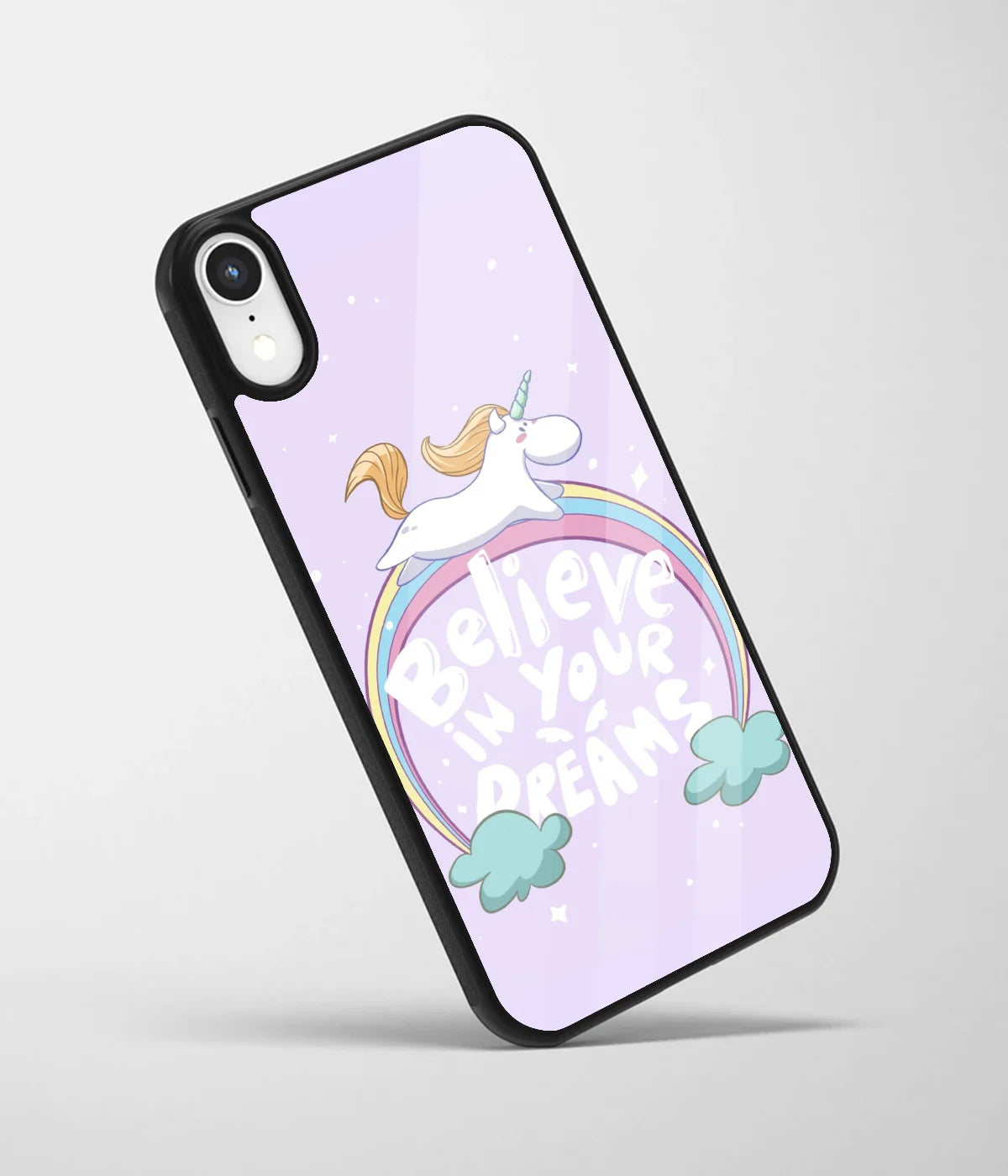 An angled view of a glass phone case featuring a vibrant design.