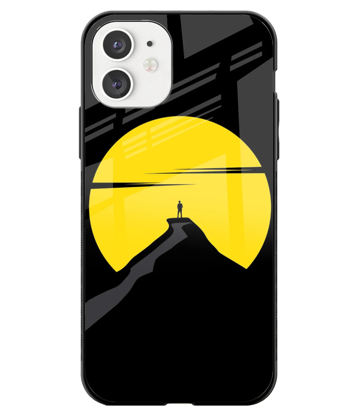 A front-on view of a glass phone case with a colorful design.