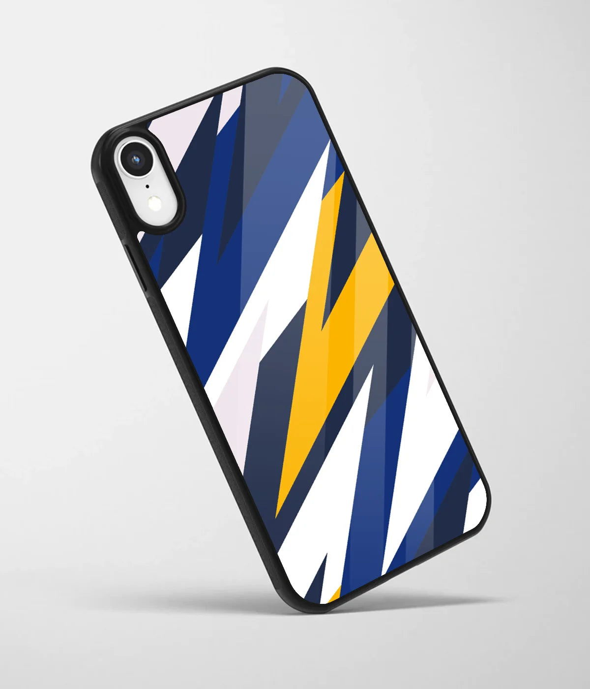 An angled view of a glass phone case featuring a vibrant design.