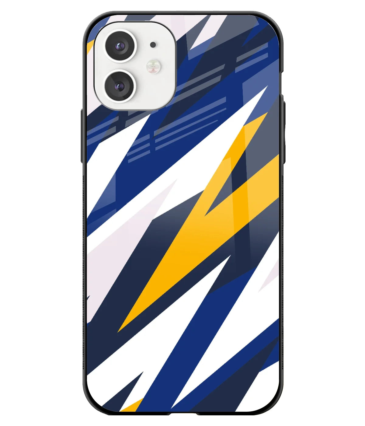 A front-on view of a glass phone case with a colorful design.