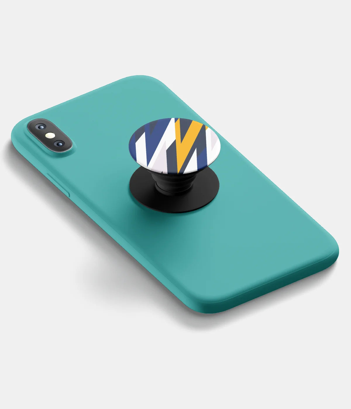 A top-down view of a phone grip holder attached to a mobile phone case on a white background