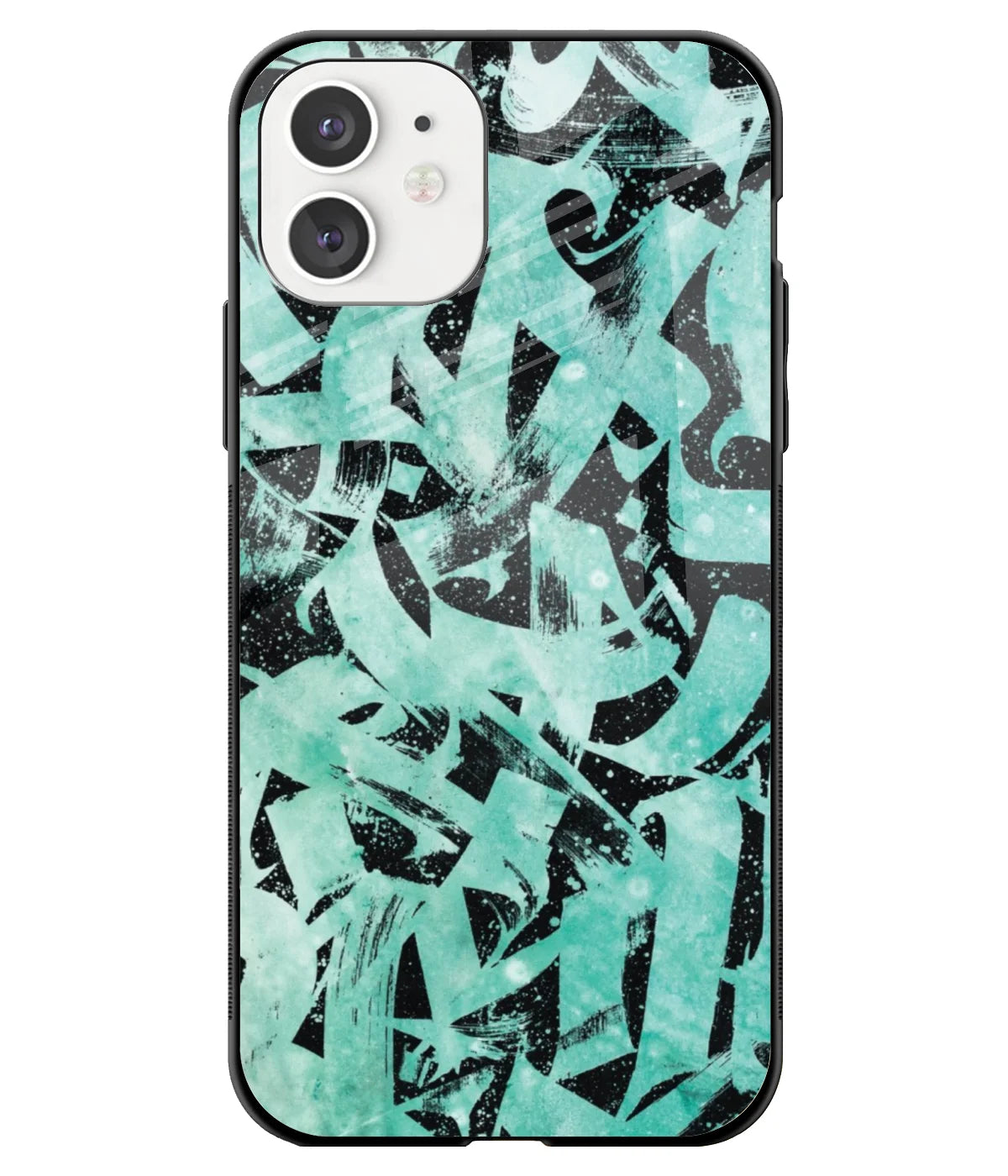 A front-on view of a glass phone case with a colorful design.