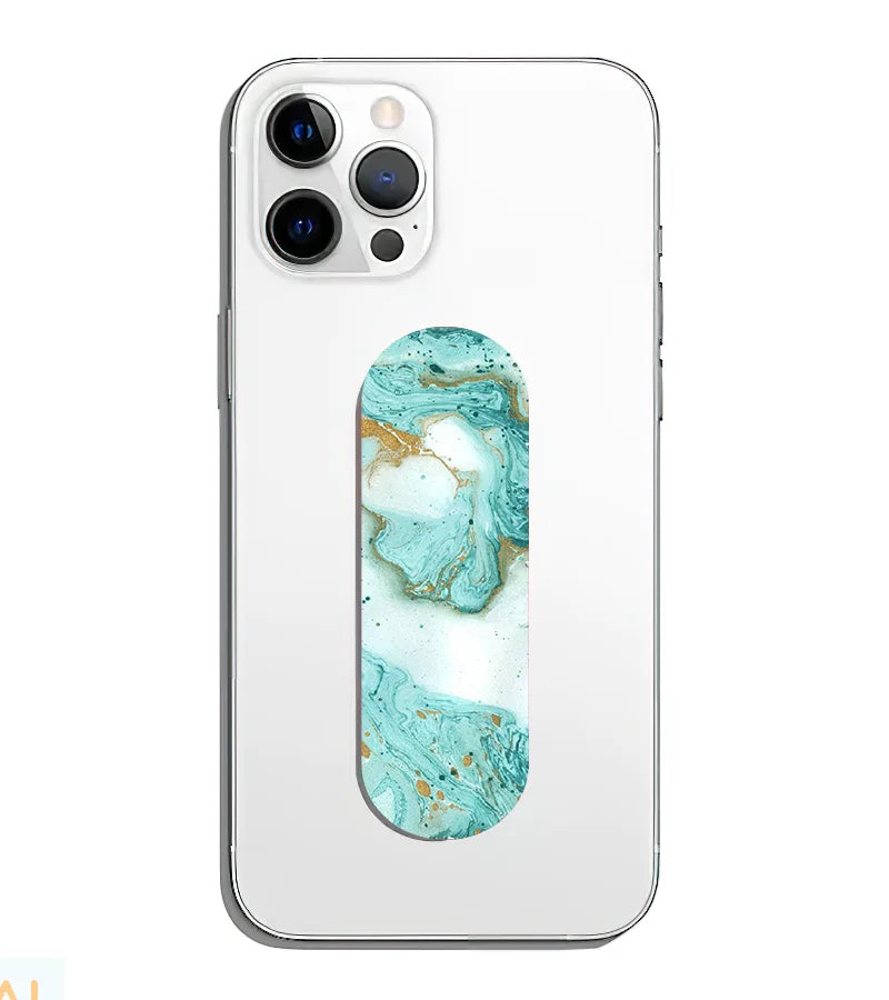 A phone grip slider applied to the back of a smartphone.
